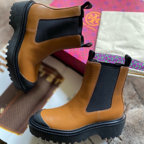 Tory Burch Lug Sole Platform Chelsea Bootie In Caballo Brown/black - Picture 13 of 13